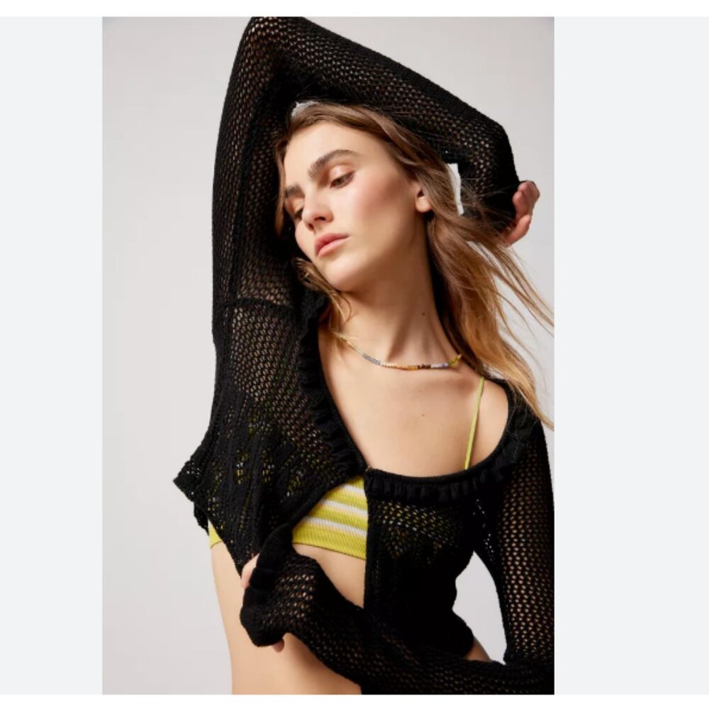 Urban Outfitters Open Knit Mesh Cardigan Sweater Small Black Festival Whimsigoth - Picture 2 of 6